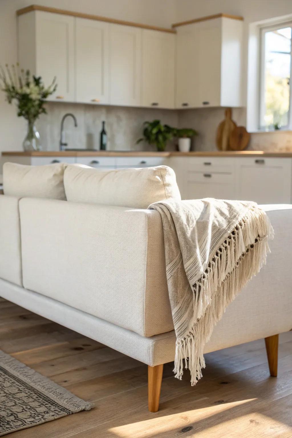 Turn the sofa’s back to the kitchen—an effortless, stylish divider for tiny open-plan homes.