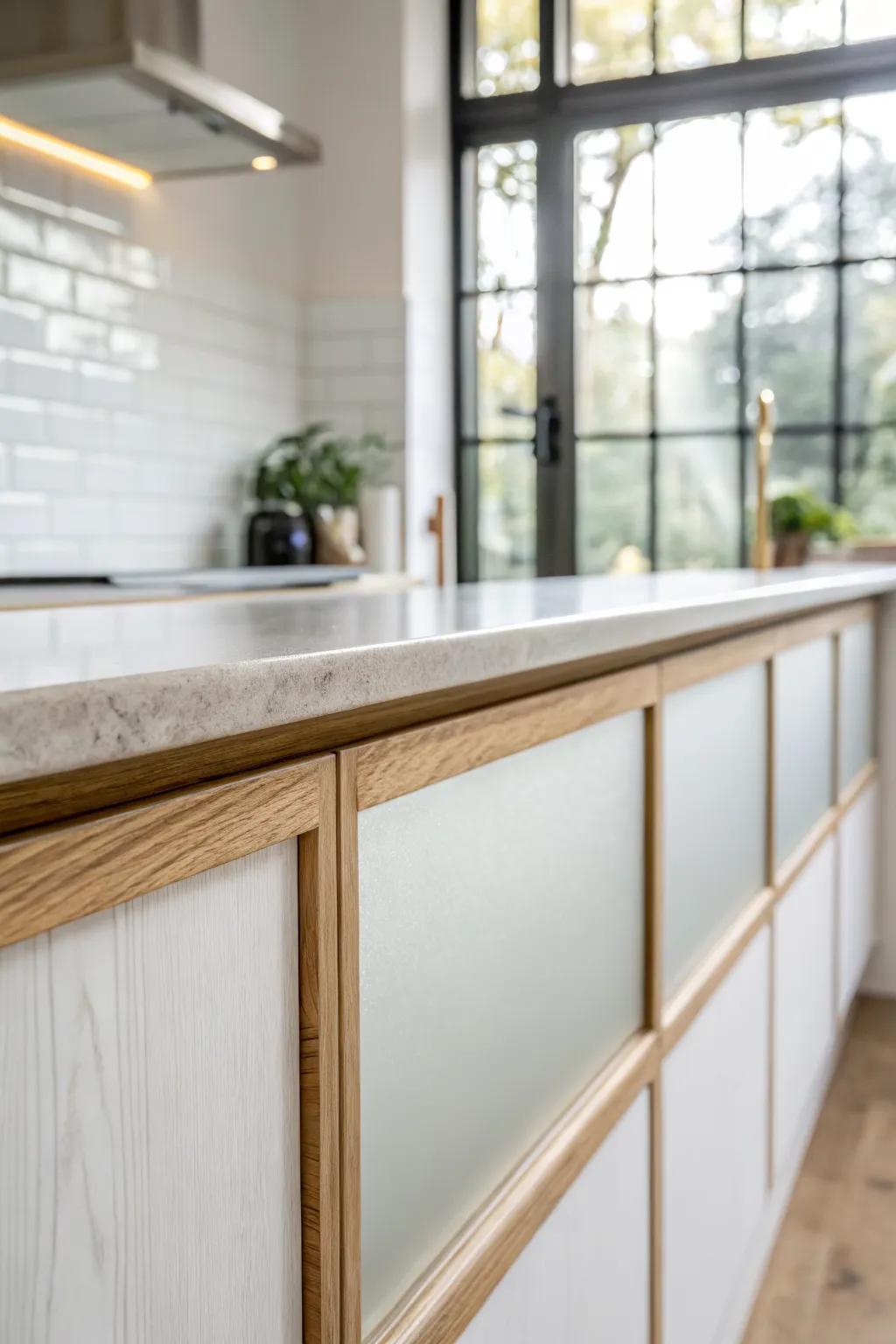 Frosted glass band on a half wall—sink privacy that still lets beautiful daylight through.