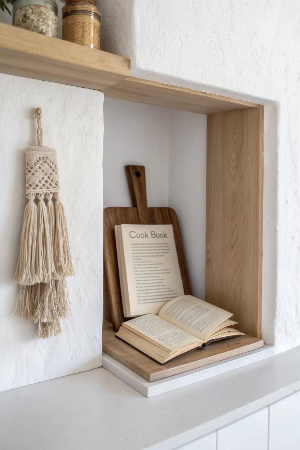 Grab-and-go cookbook niche: keep favorite recipes open and your tiny kitchen counter clear.