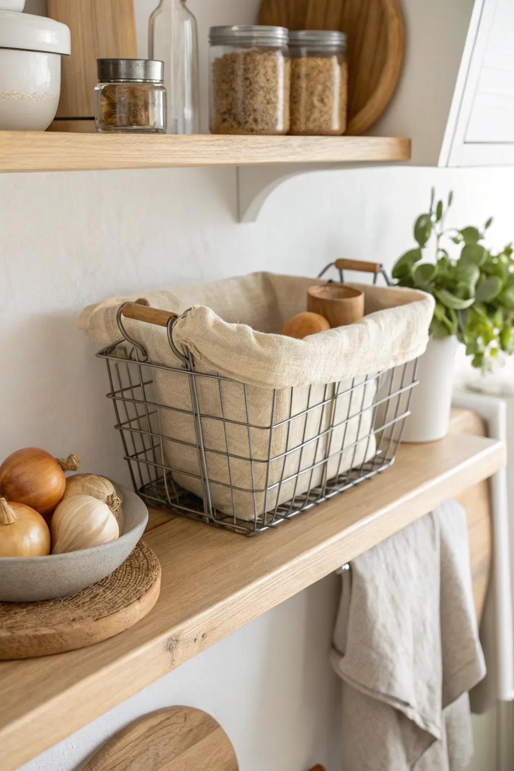 Add an under-shelf basket for instant “extra drawer” storage—no shelf space lost.