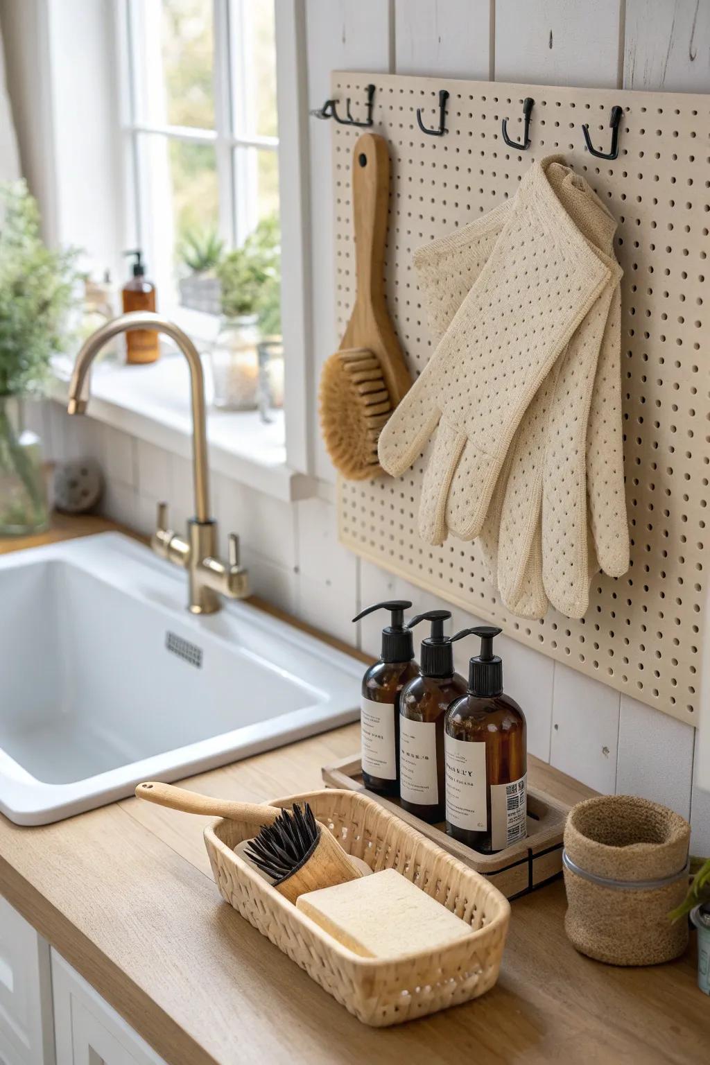 A sink-side pegboard cleaning zone that keeps small kitchens calm, tidy, and beautiful.