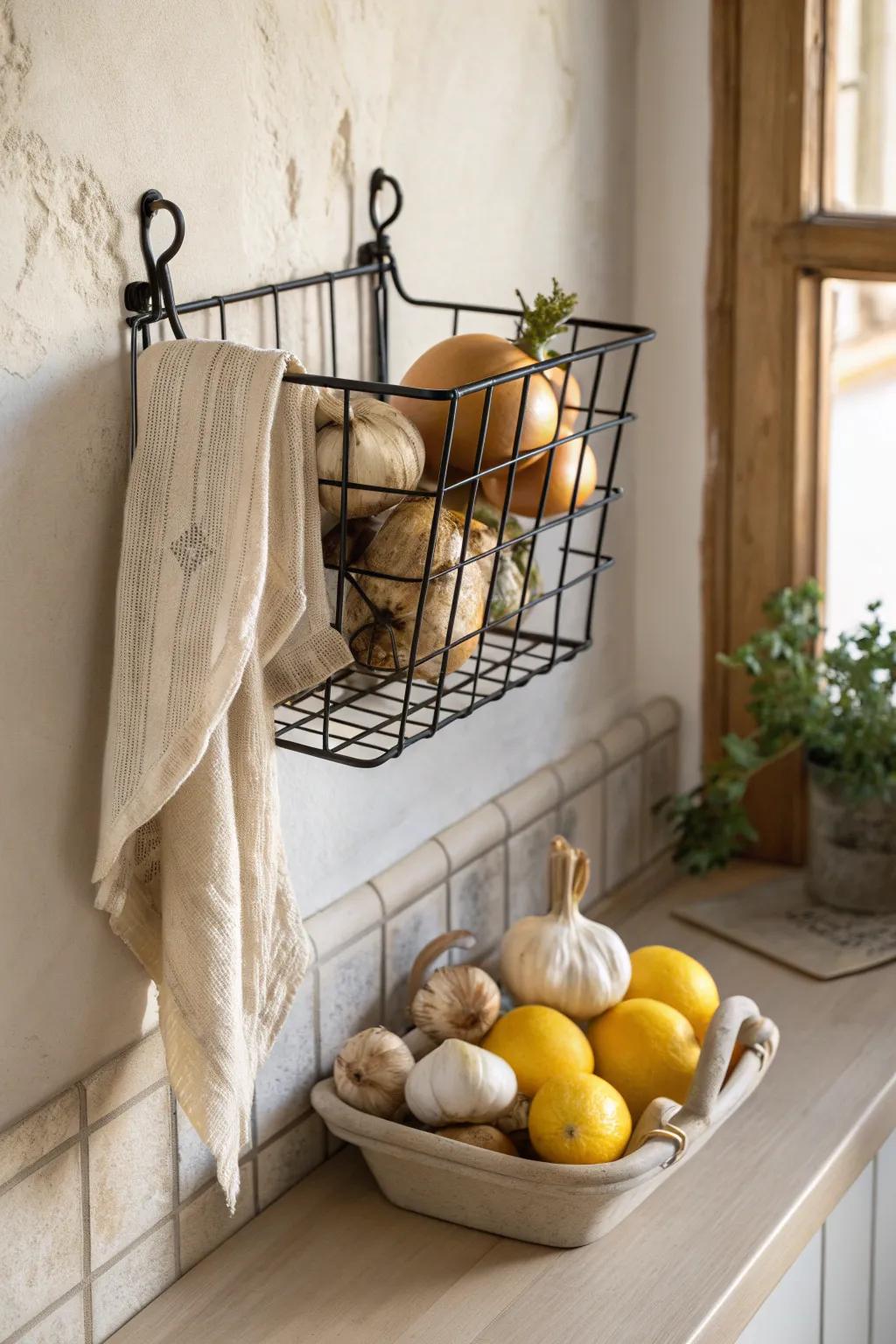 Wall-mounted wire basket keeps onions, garlic & lemons visible—freeing precious counter space.