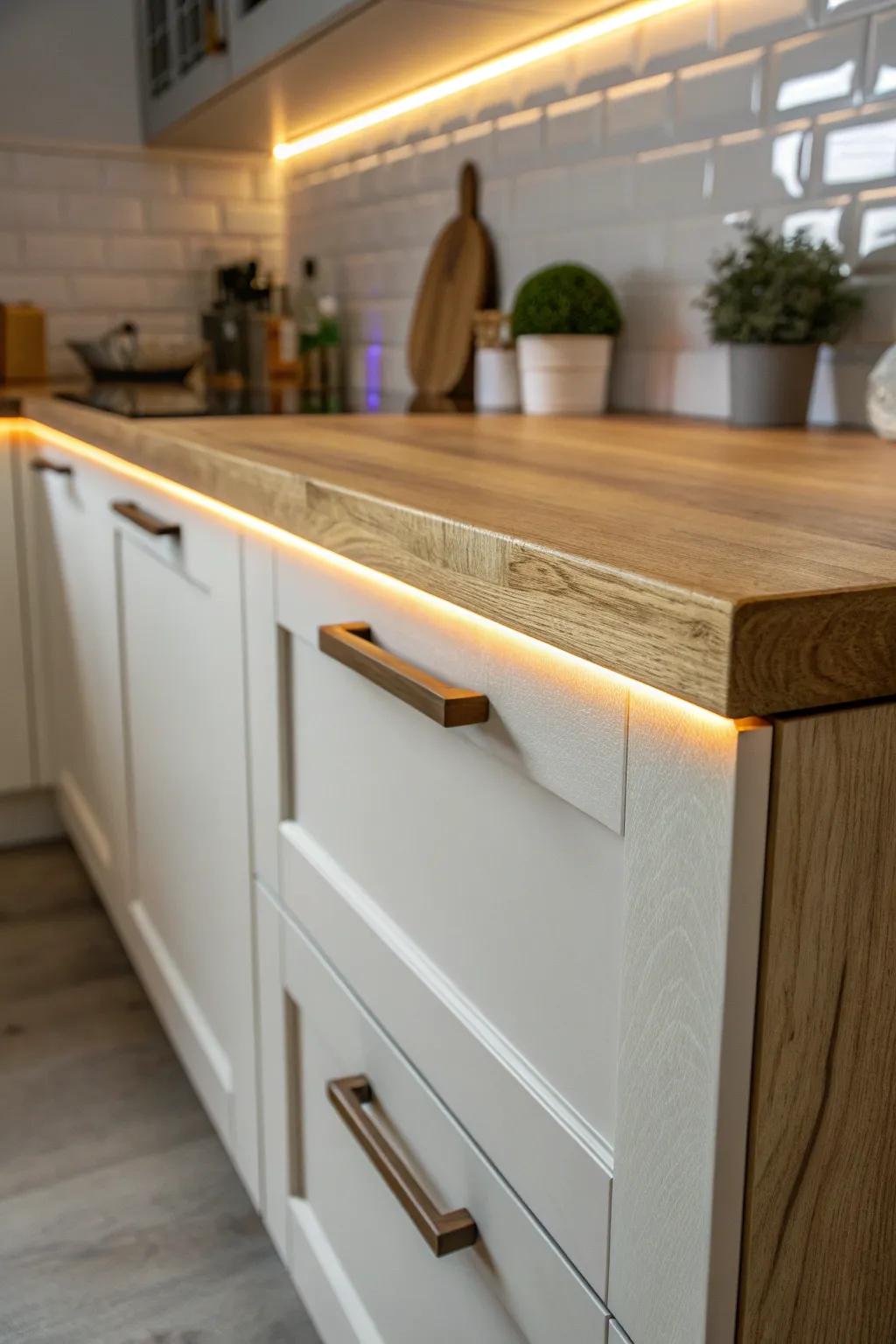 Layer warm under-cabinet LEDs along both legs to banish L-kitchen corner shadows.