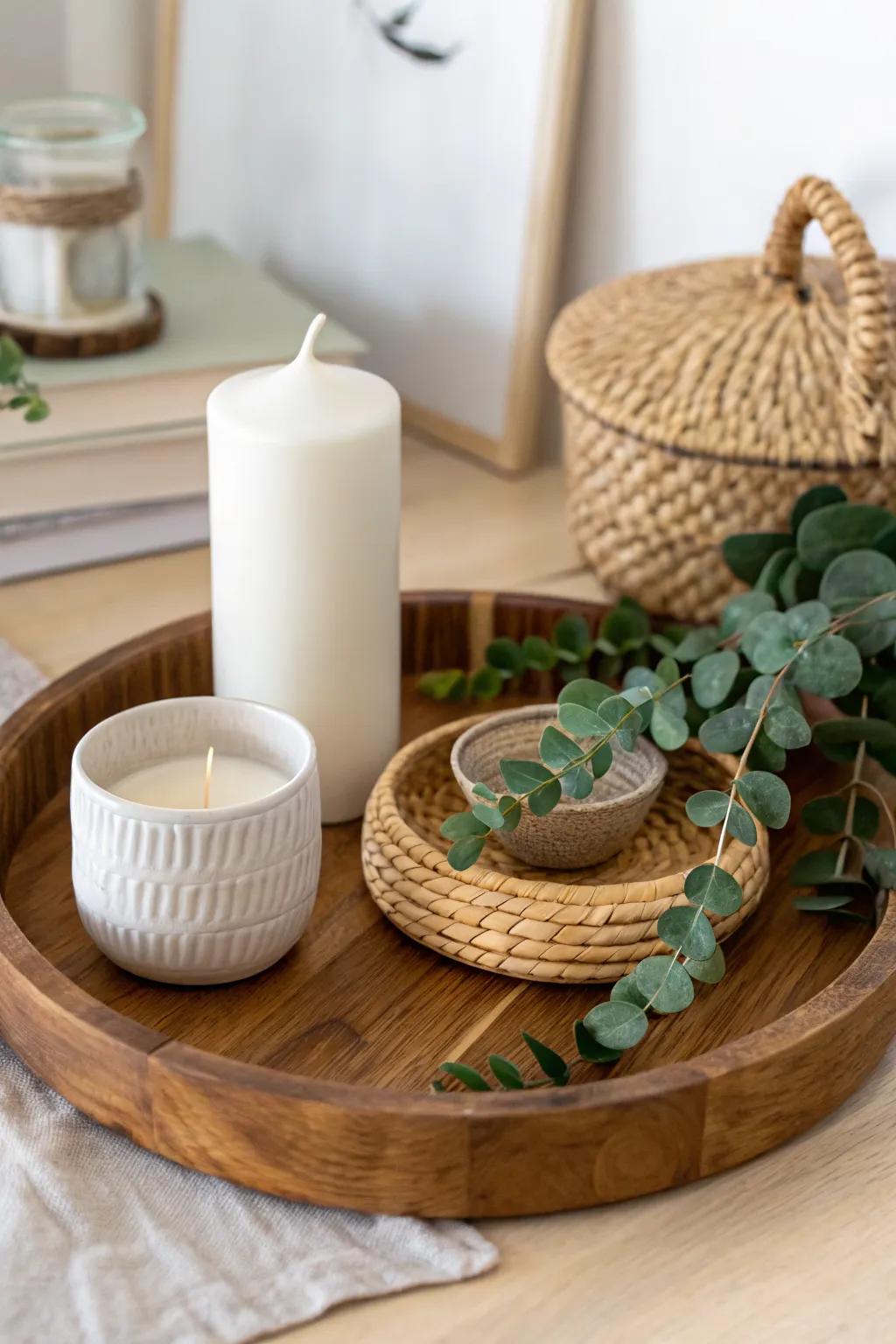 Layer wood, ceramic, and woven texture on a lazy susan—finish with one pop of greenery.