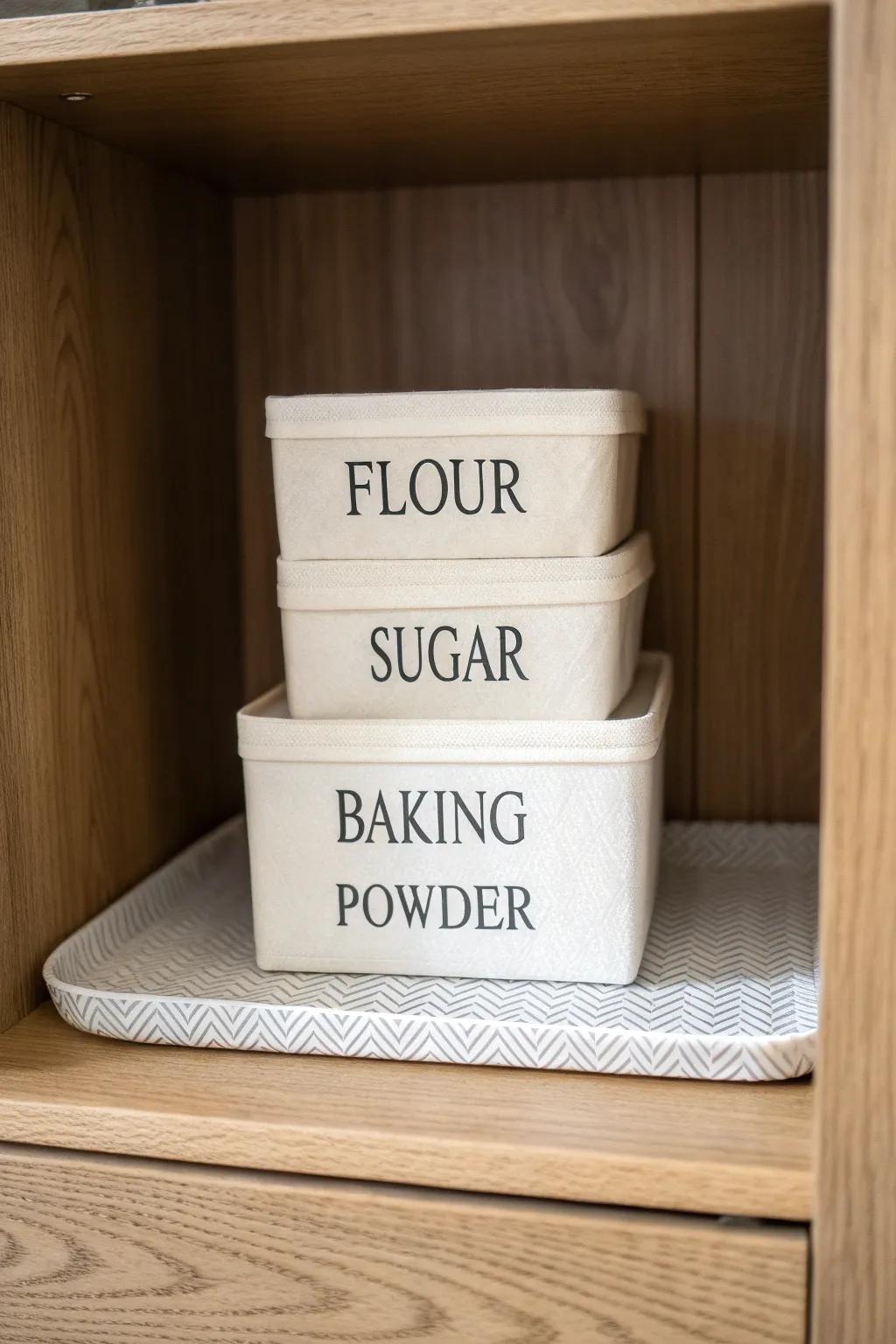 Budget lazy Susan swap: labeled bins on a sliding mat for tidy, easy-reach corners.