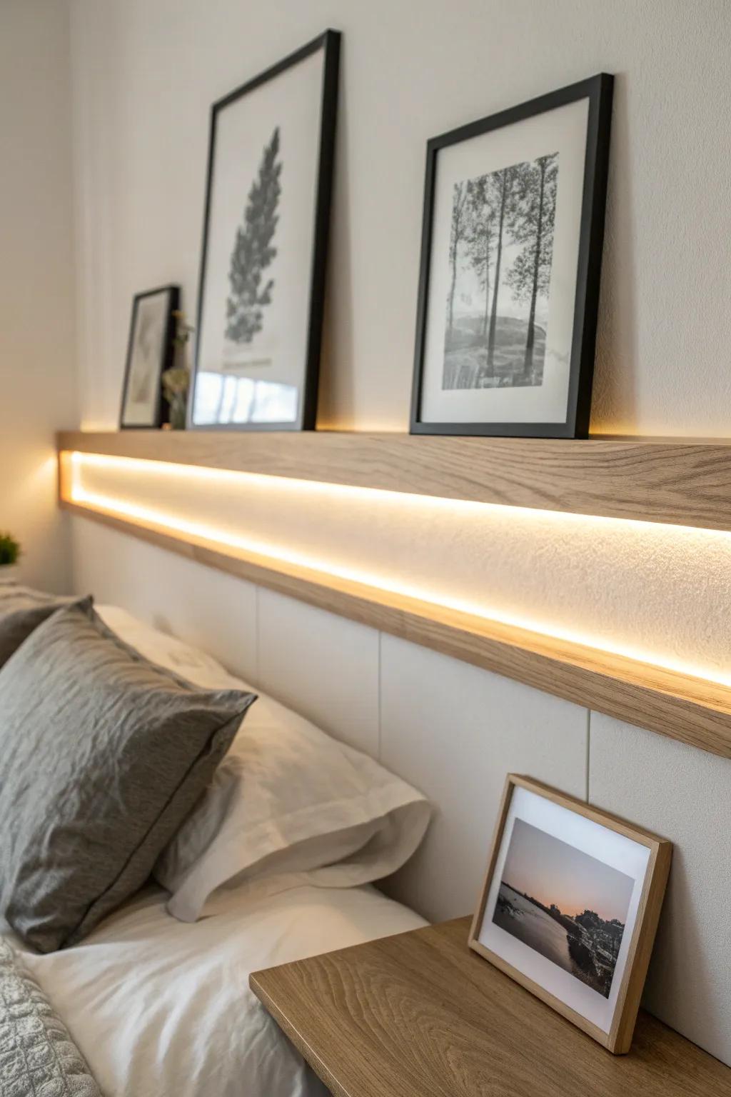 Warm under-shelf LEDs turn a simple picture ledge into a dreamy bedroom focal point.