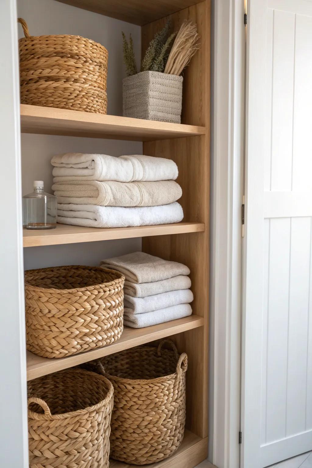 Open linen shelves + woven baskets: display the pretty stacks, hide the chaotic little stuff.