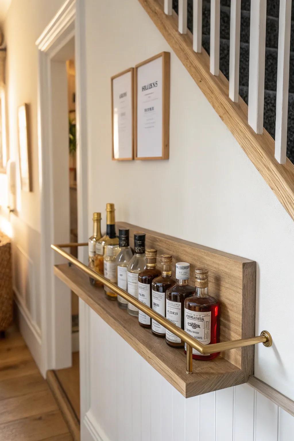 A slim oak ledge shelf keeps mini liquor bottles visible, tidy, and charming in small spaces.