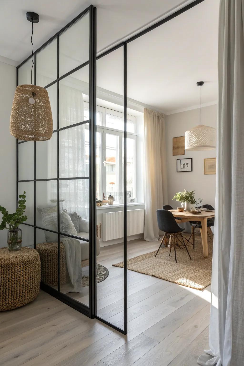 A slim framed glass partition defines zones—without sacrificing light in a small open space.
