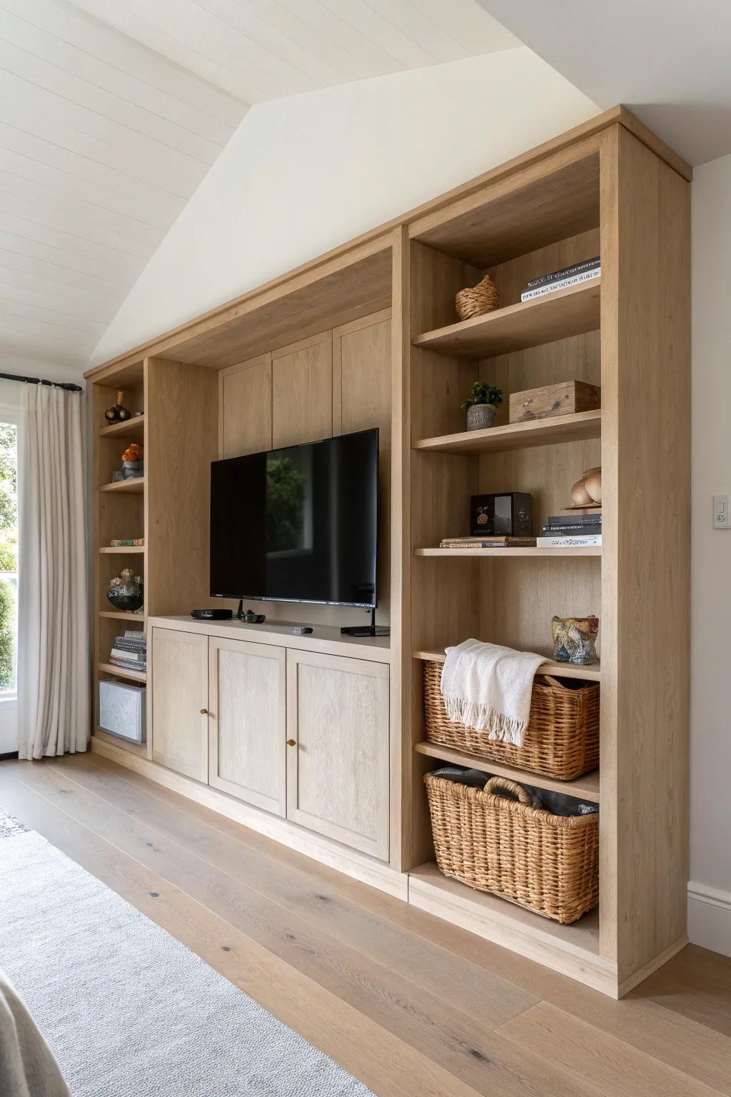 A sleek TV wall that hides blankets, games, and even the vacuum—storage that looks custom.