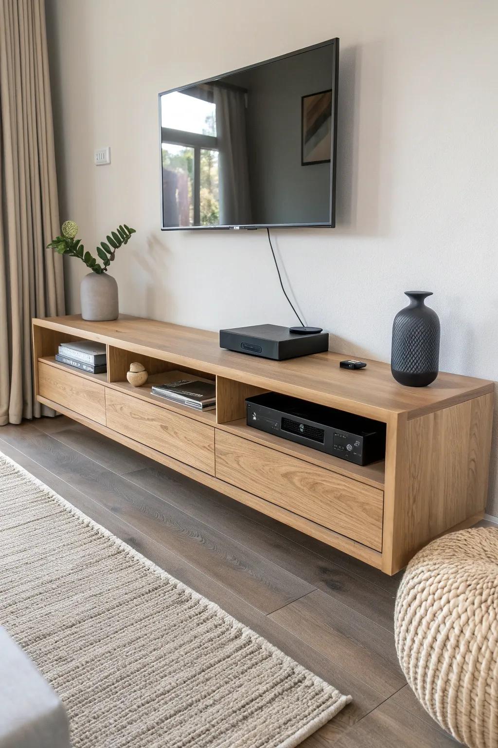 Float your media console to open up the room—clean lines, hidden cords, airy floor space.
