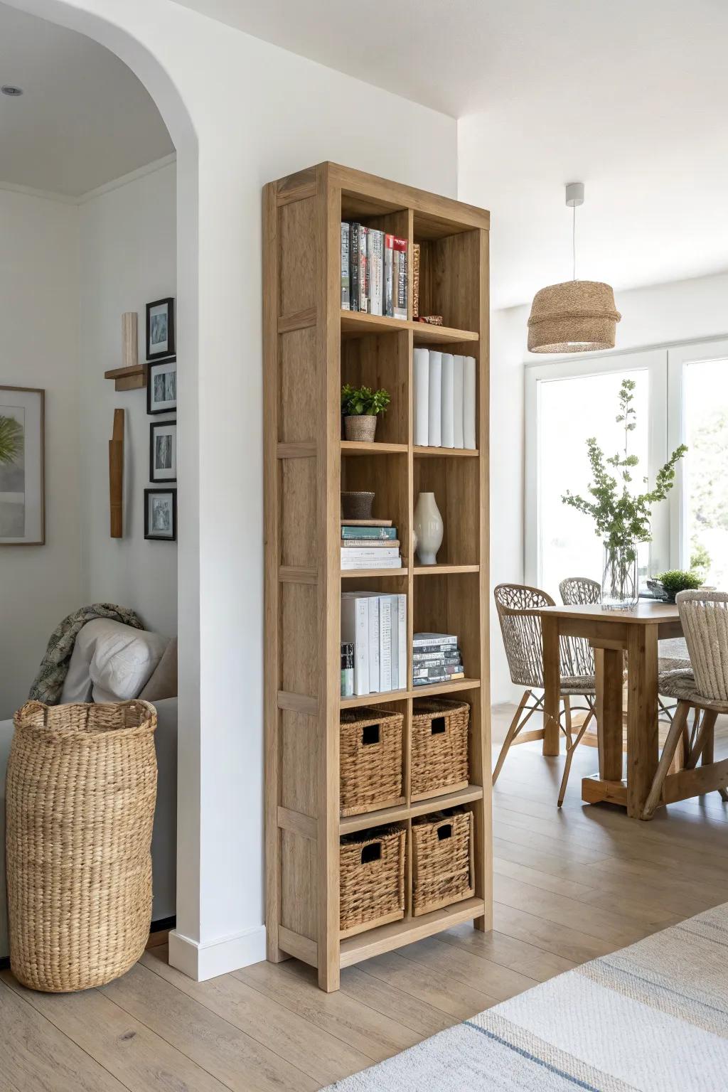Use a tall cube shelf as an airy room divider—pretty from both sides with baskets.