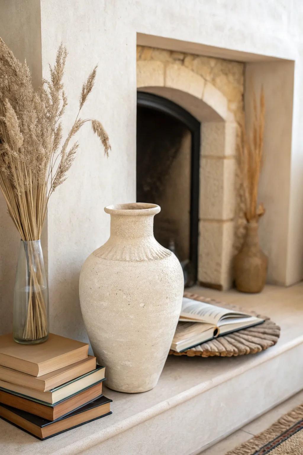 Symmetry made simple: a handcrafted vase and book stack bring calm to fireplace niches.