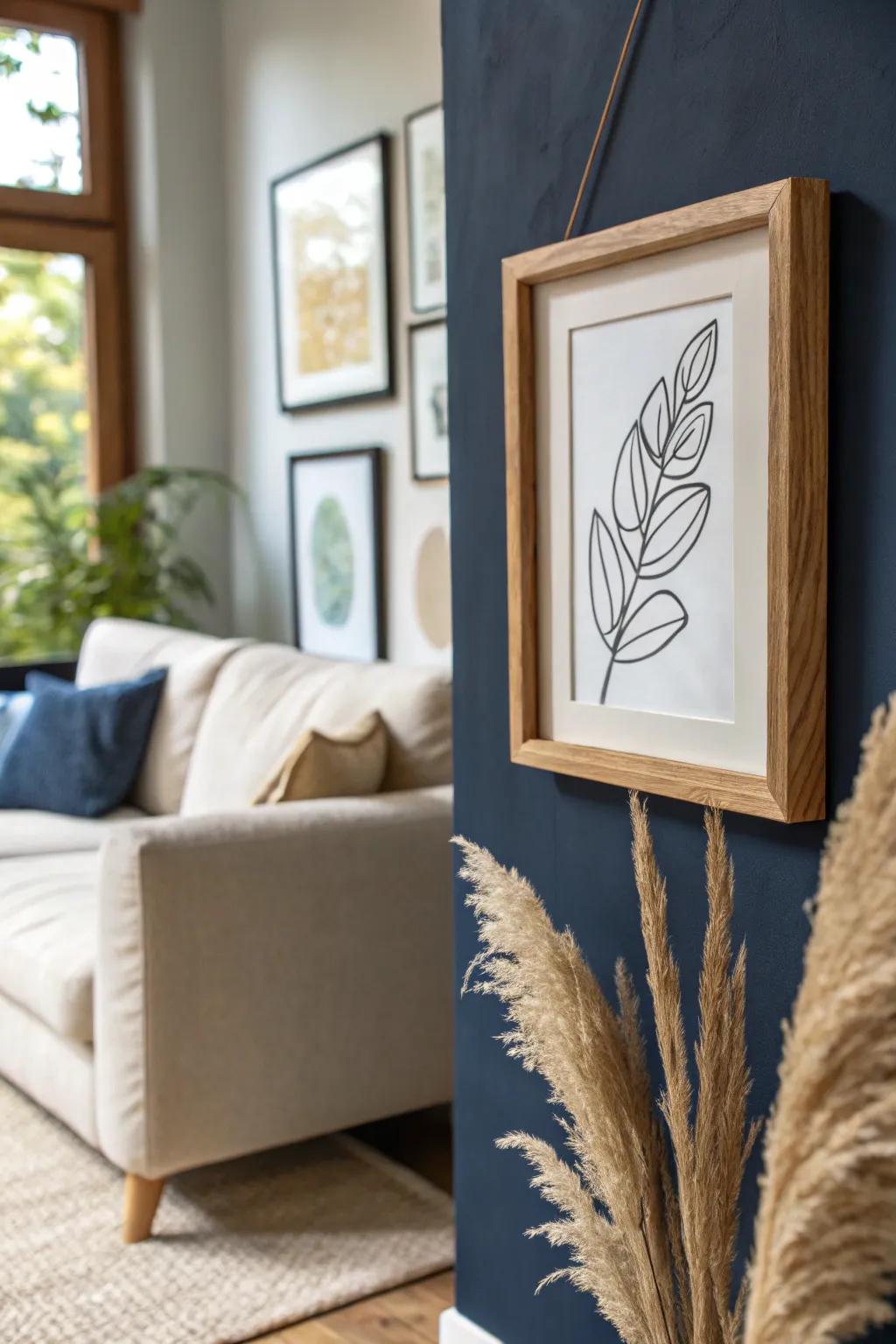 Deep navy walls with light oak frames create a cozy lounge vibe—perfect for tiny living rooms.