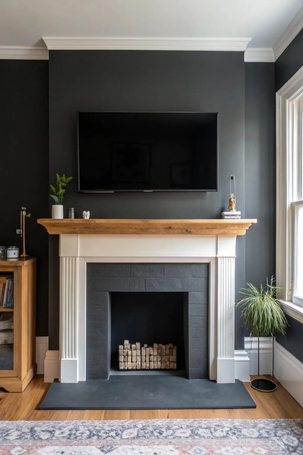 Deep charcoal paint behind the fireplace makes the TV blend in and feel beautifully calm.