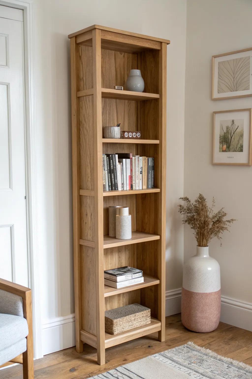 Color-sorted books in neutrals + blush accents for a calm, Scandinavian-boho living room shelf.