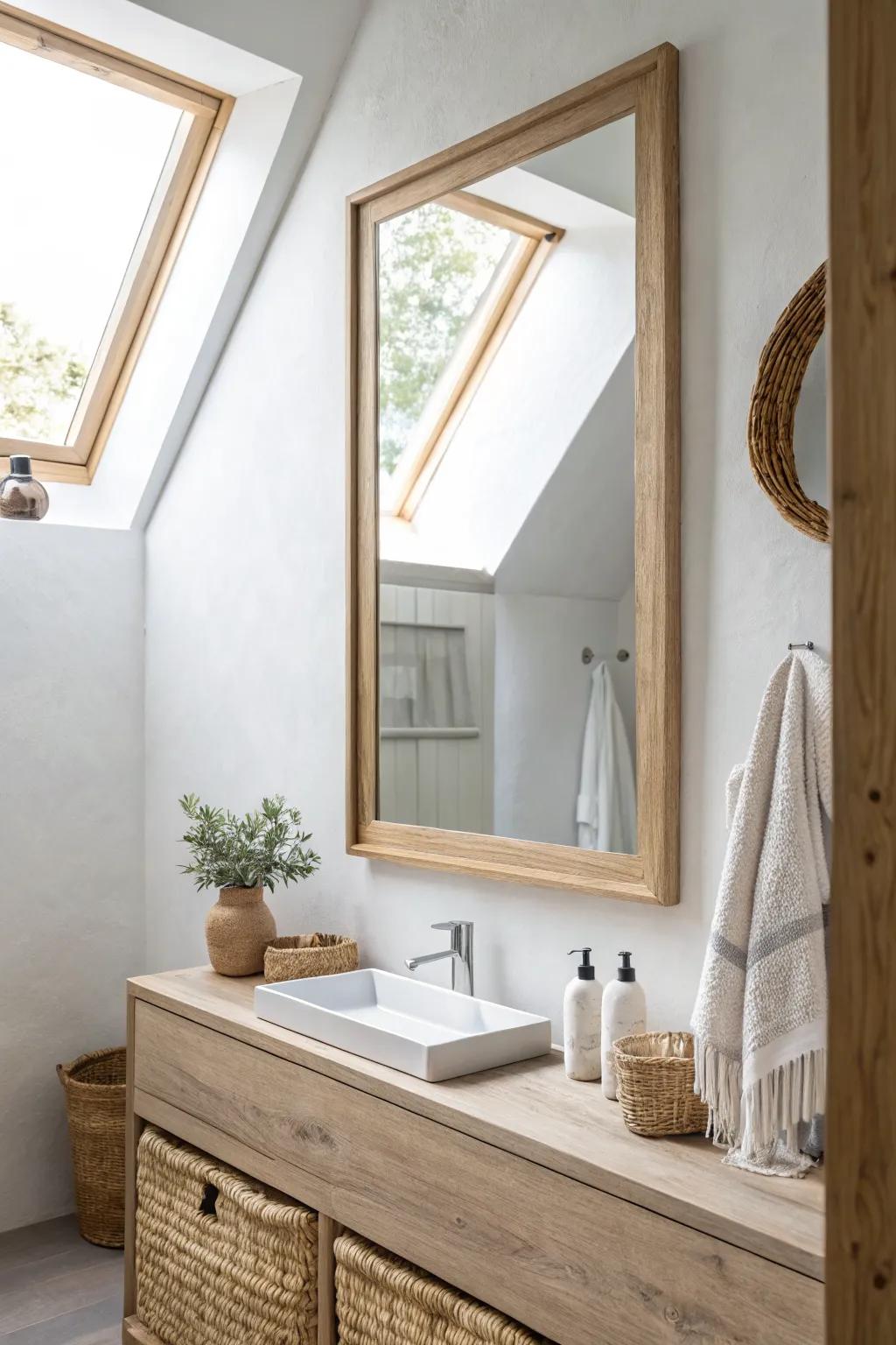 An oversized oak mirror facing the skylight doubles daylight and visually expands a tiny loft bath.