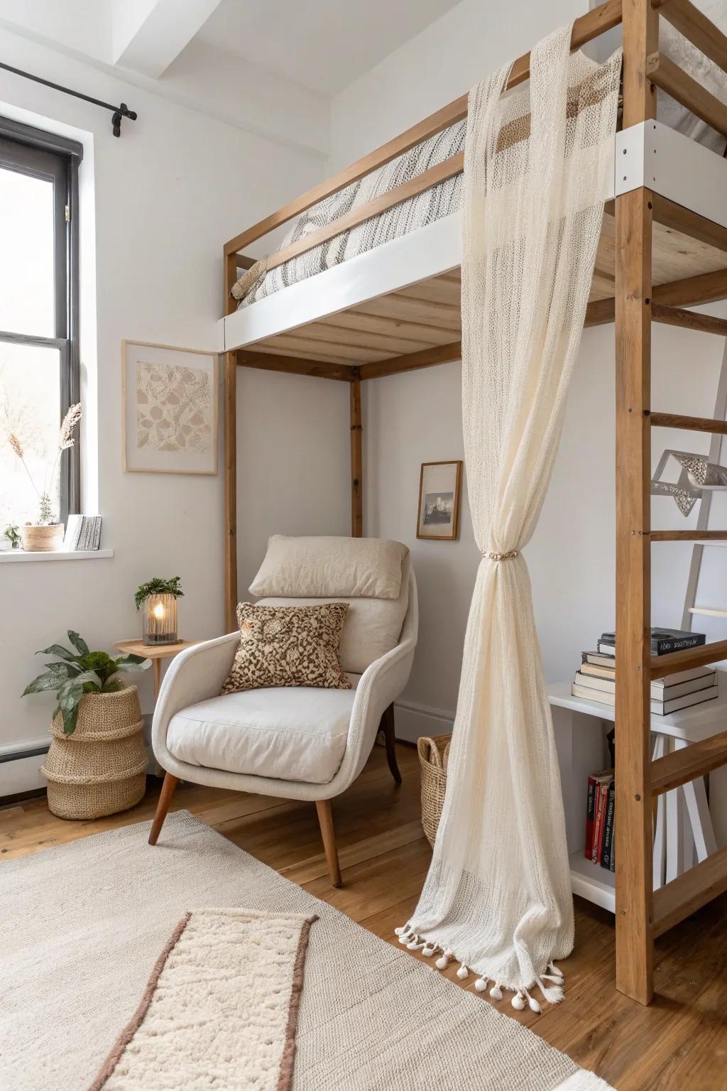 Under your loft bed, one sculptural lounge chair creates a calm, cozy reading corner.