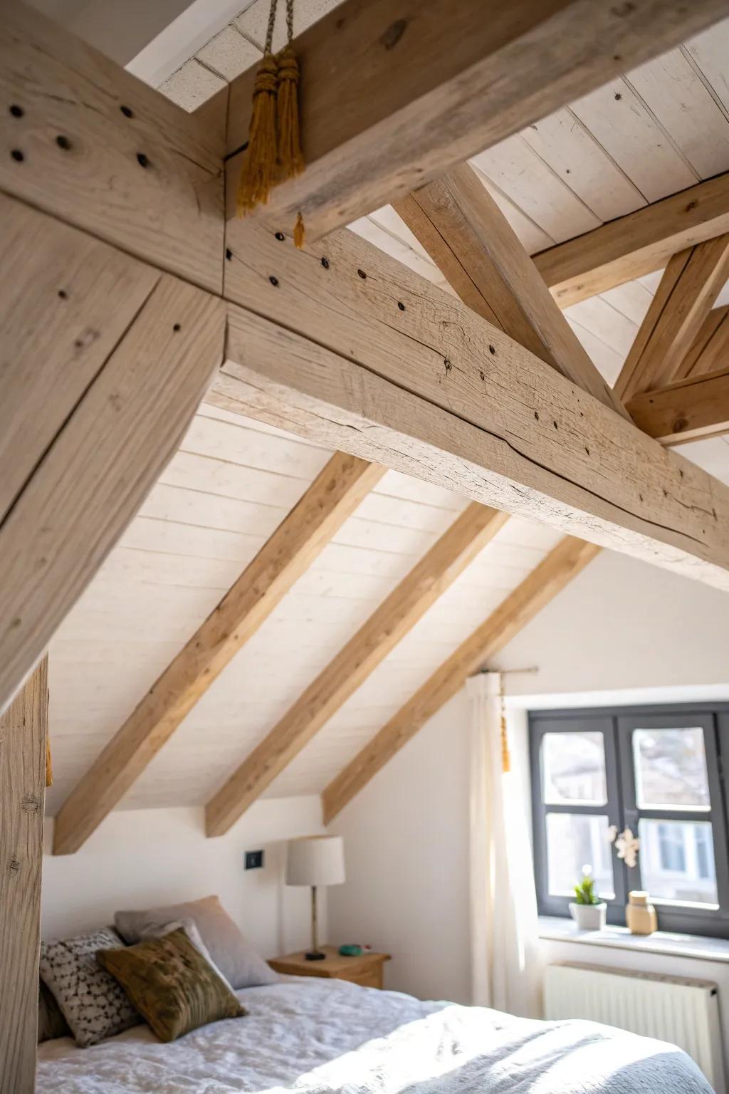 Make exposed beams the star—one whitewashed detail instantly elevates a loft bedroom.