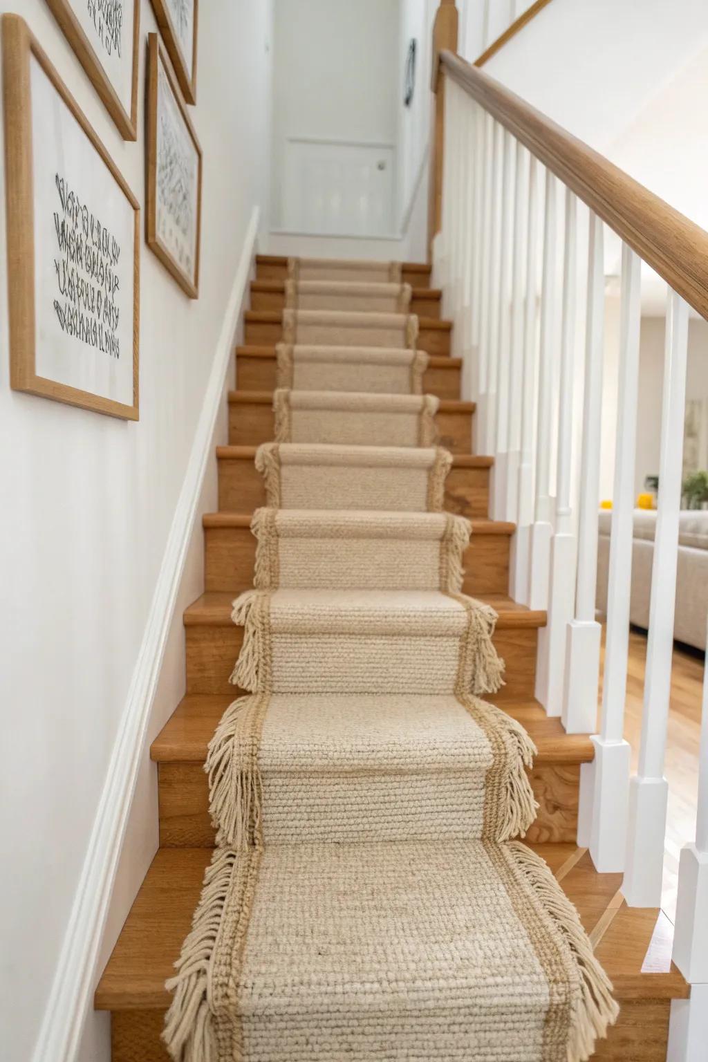 Turn loft stairs into a mini moment with a woven runner for warmth, contrast, and style.