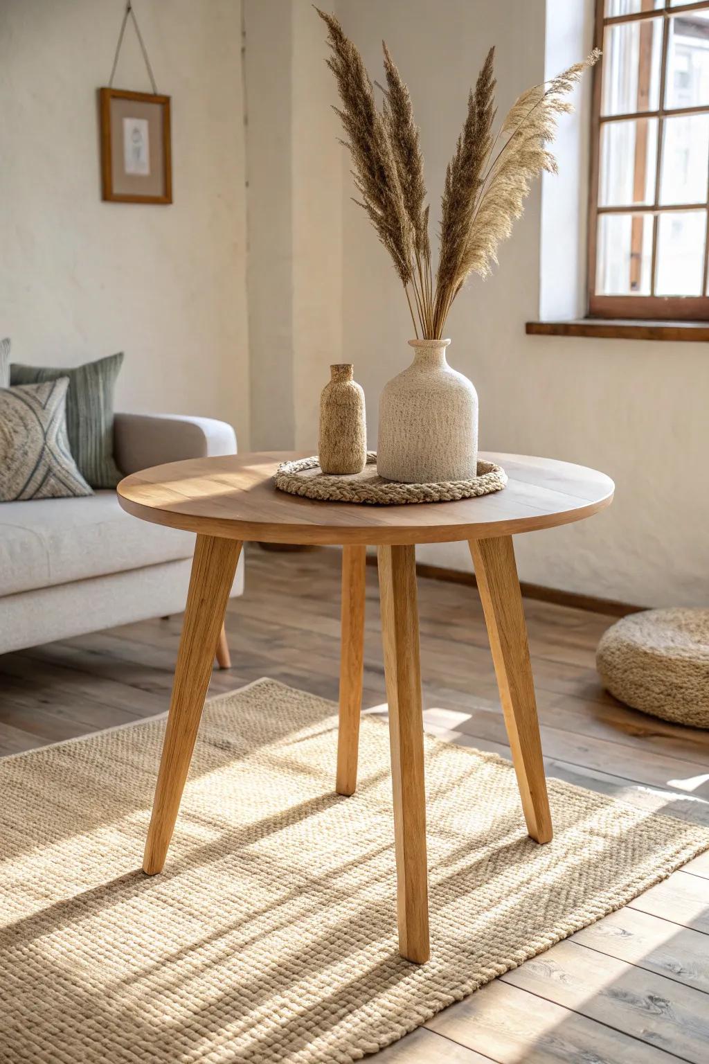 A compact oak game table behind the sofa—two activities, one cozy basement hangout.