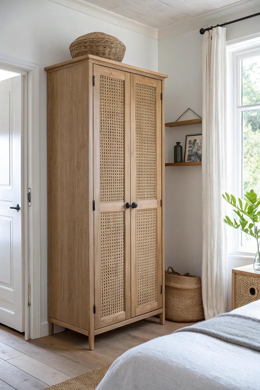 Make corners count: a tall woven-oak storage tower that frees the aisle in narrow bedrooms.
