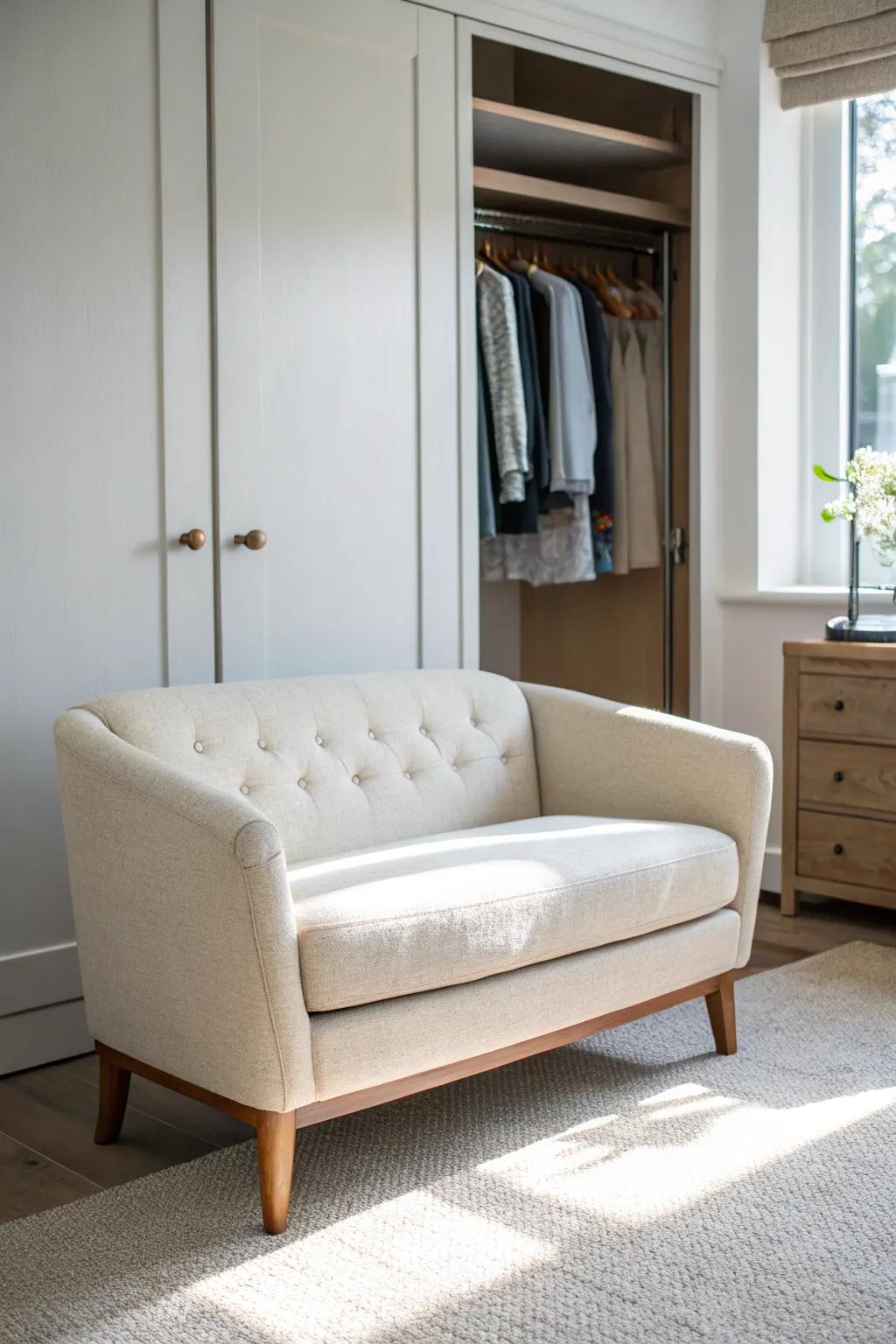 A small linen loveseat by the closet creates a calm, stylish getting-ready zone—no bed clutter.