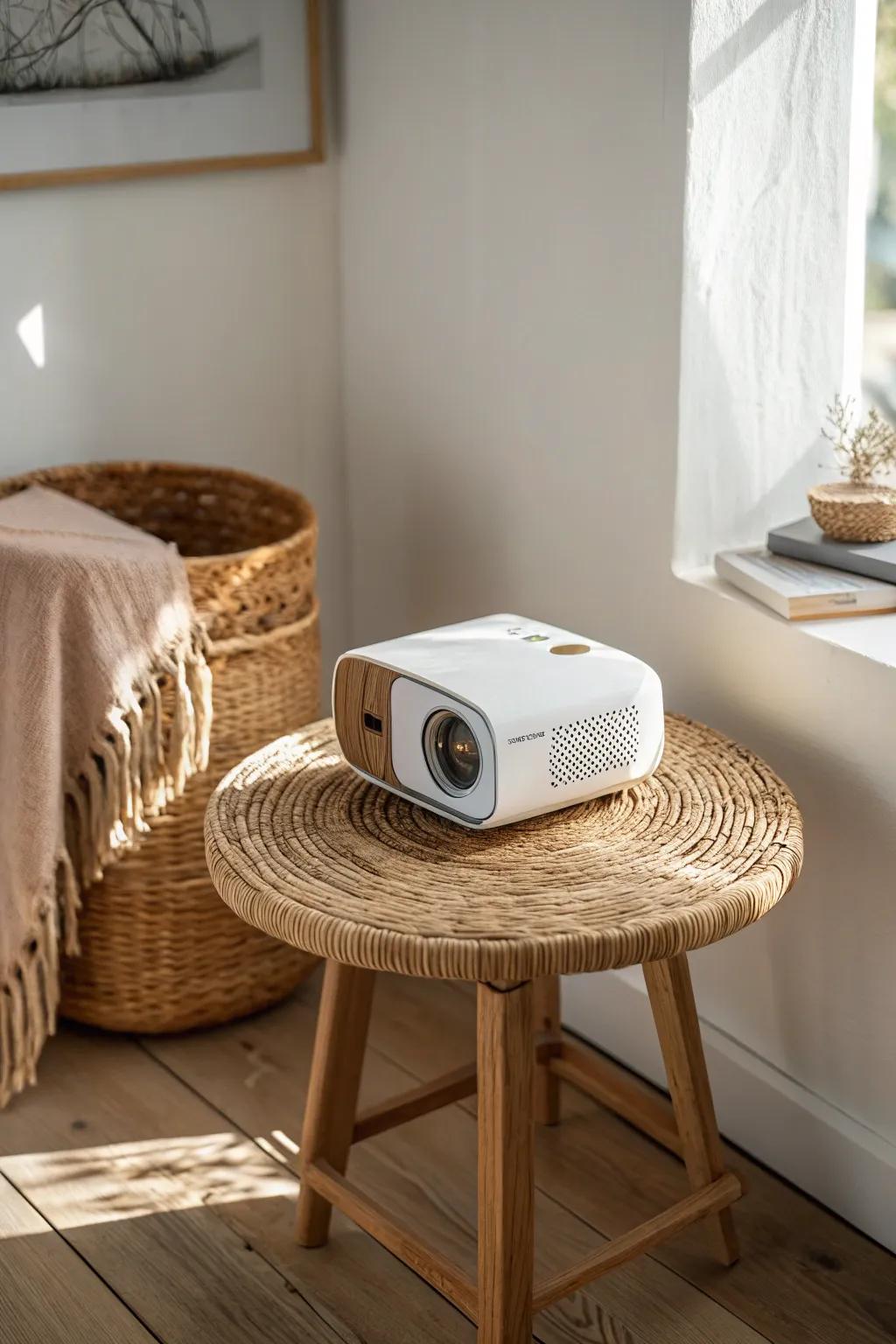 Big-screen vibes in a tiny space: a compact mini projector setup that feels like a home theater.