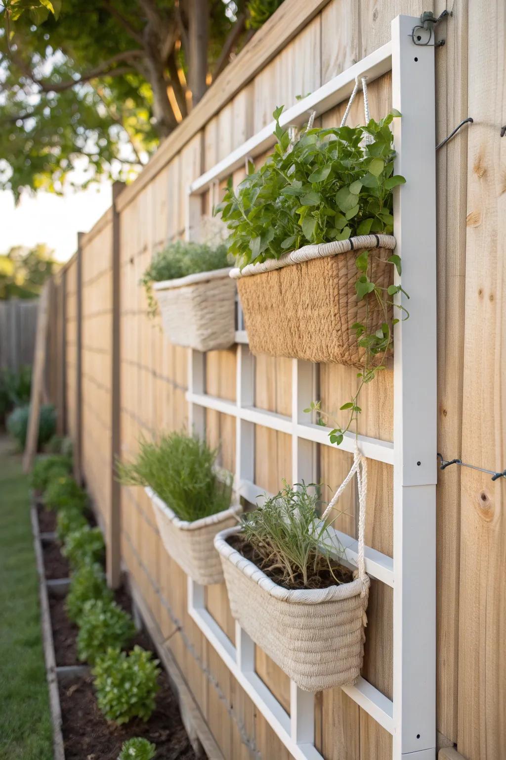 A fence-mounted vertical garden adds lush greenery with zero lawn and minimal upkeep.