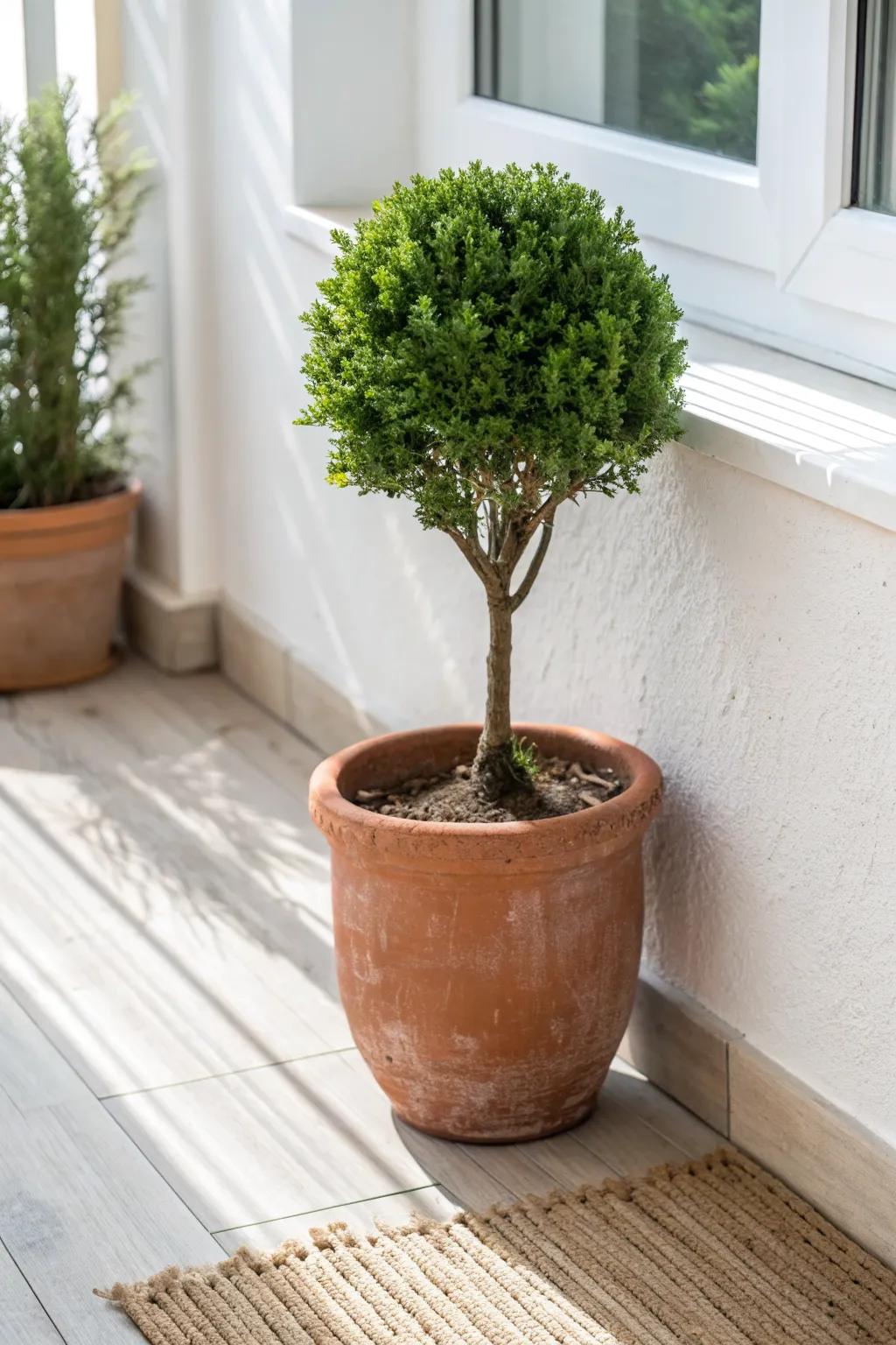 A single evergreen in a pot keeps your tiny garden looking intentional all year round.