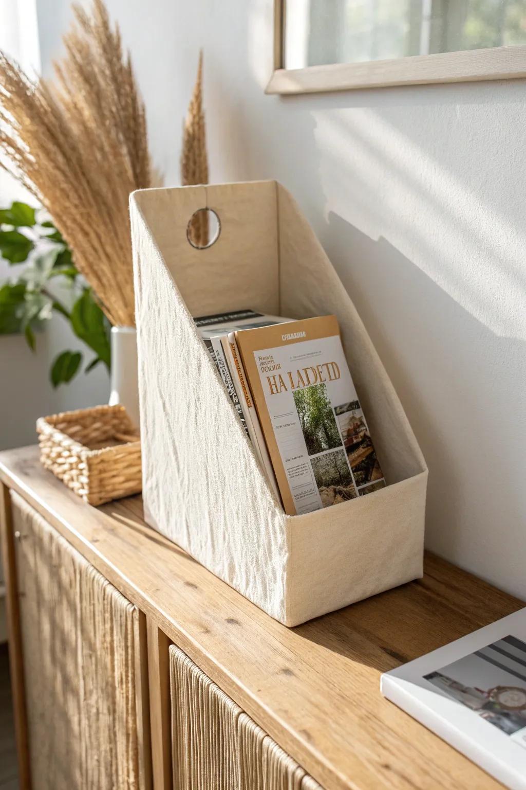 DIY cereal-box magazine holder wrapped in contact paper—minimal, chic, budget-friendly.