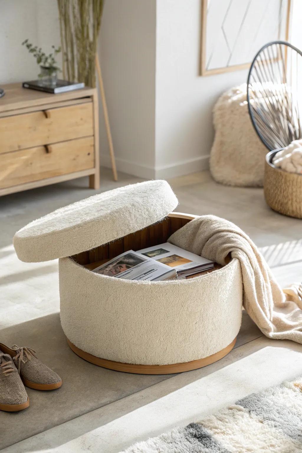 Lift the lid—this cozy ottoman hides your magazines in style and keeps small spaces serene.
