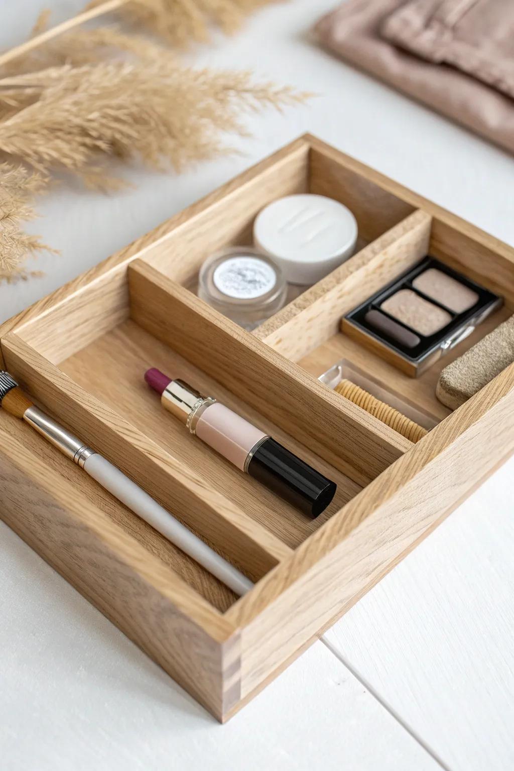 Keep makeup visible: a one-layer drawer tray turns chaos into a calm daily ritual.