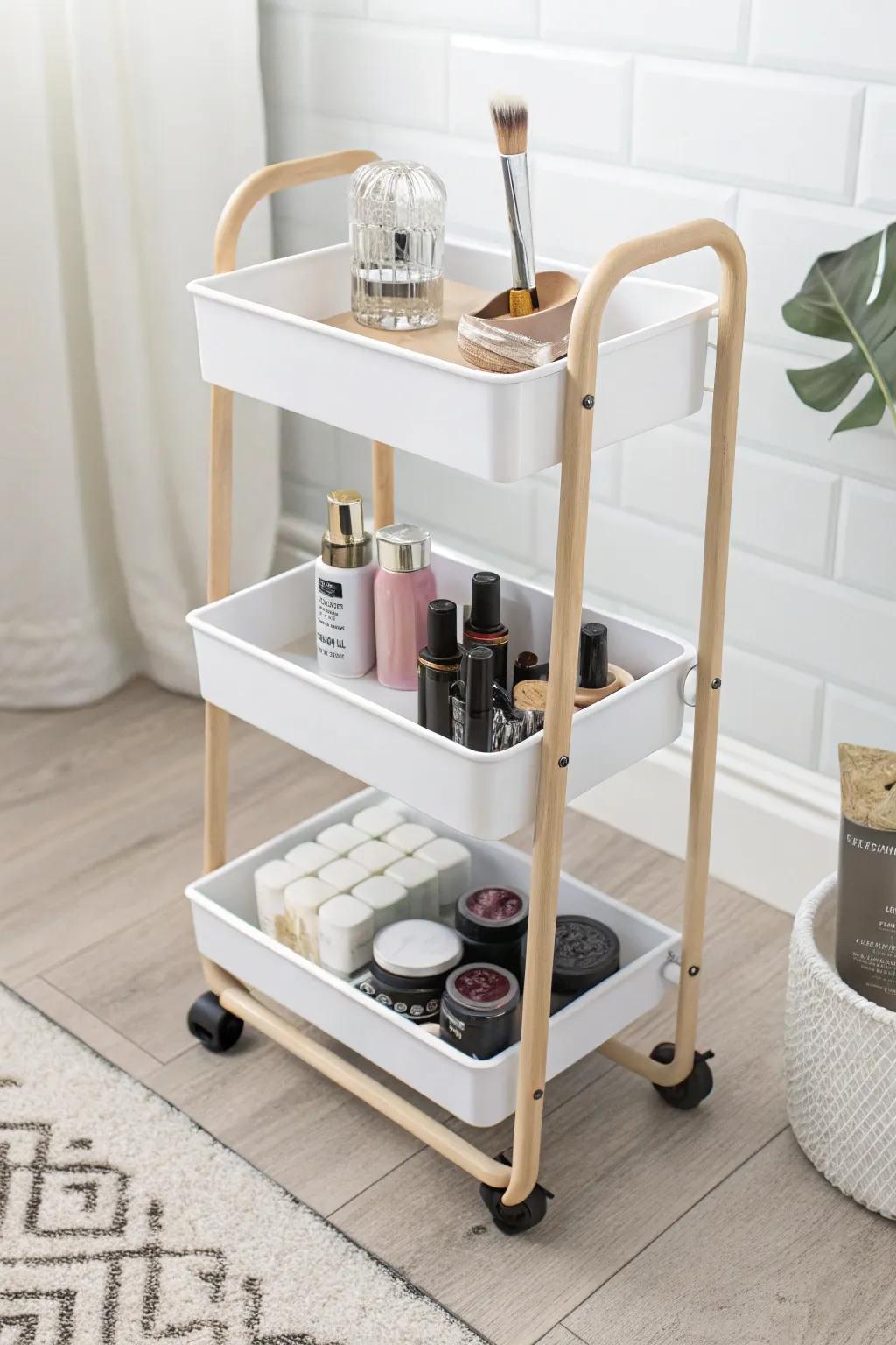 A chic rolling cart sorts daily, glam, and backup makeup—perfect storage for tiny spaces.