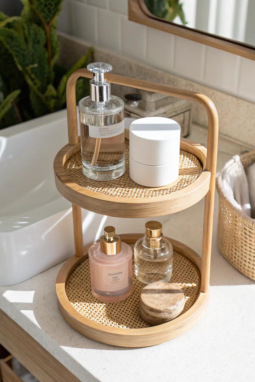 Turn your prettiest perfumes into decor—try a tiered stand for chic, clutter-free vanity styling.