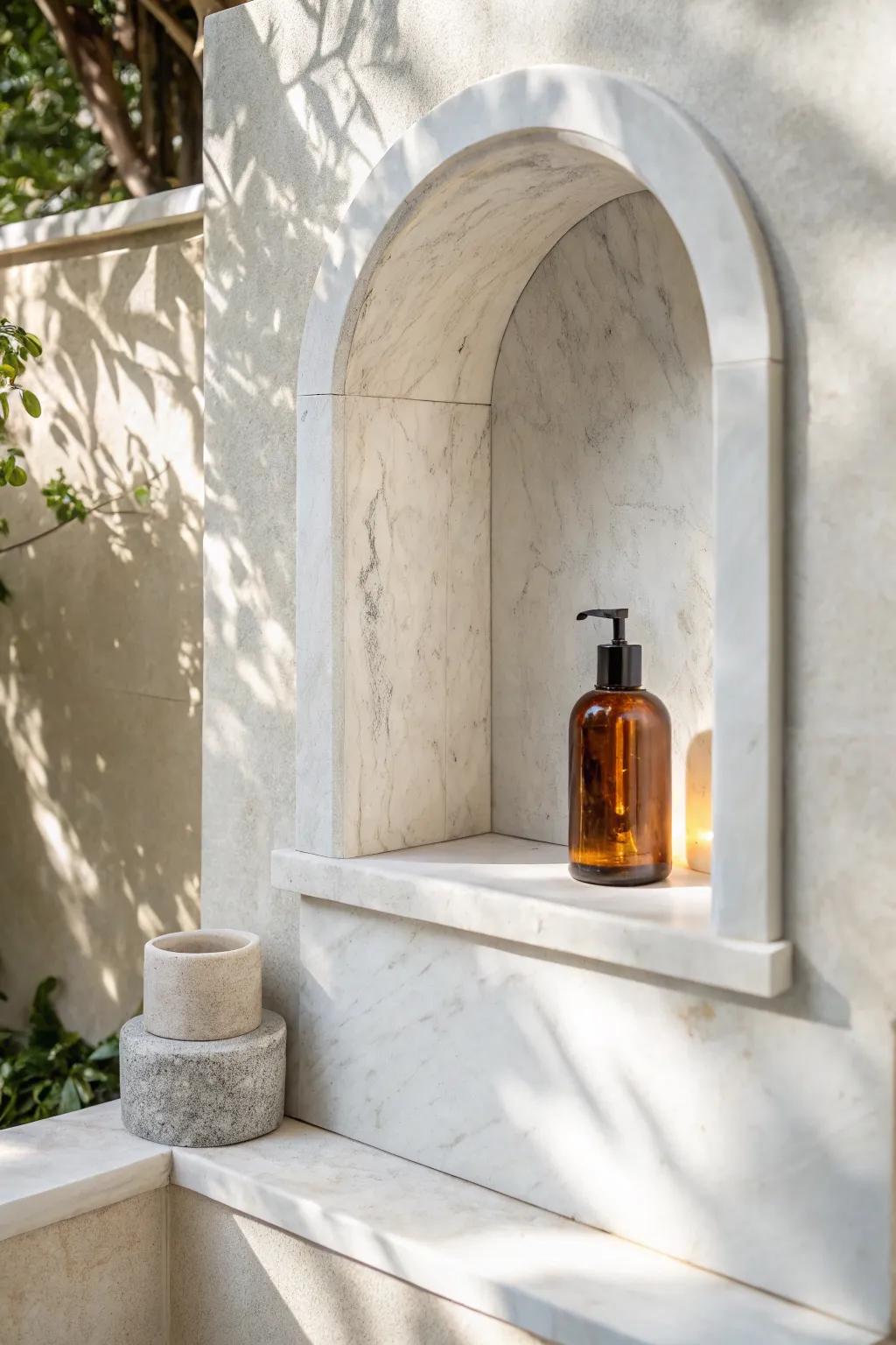 An arched marble shower niche softens small baths—simple, sculptural, and beautifully timeless.