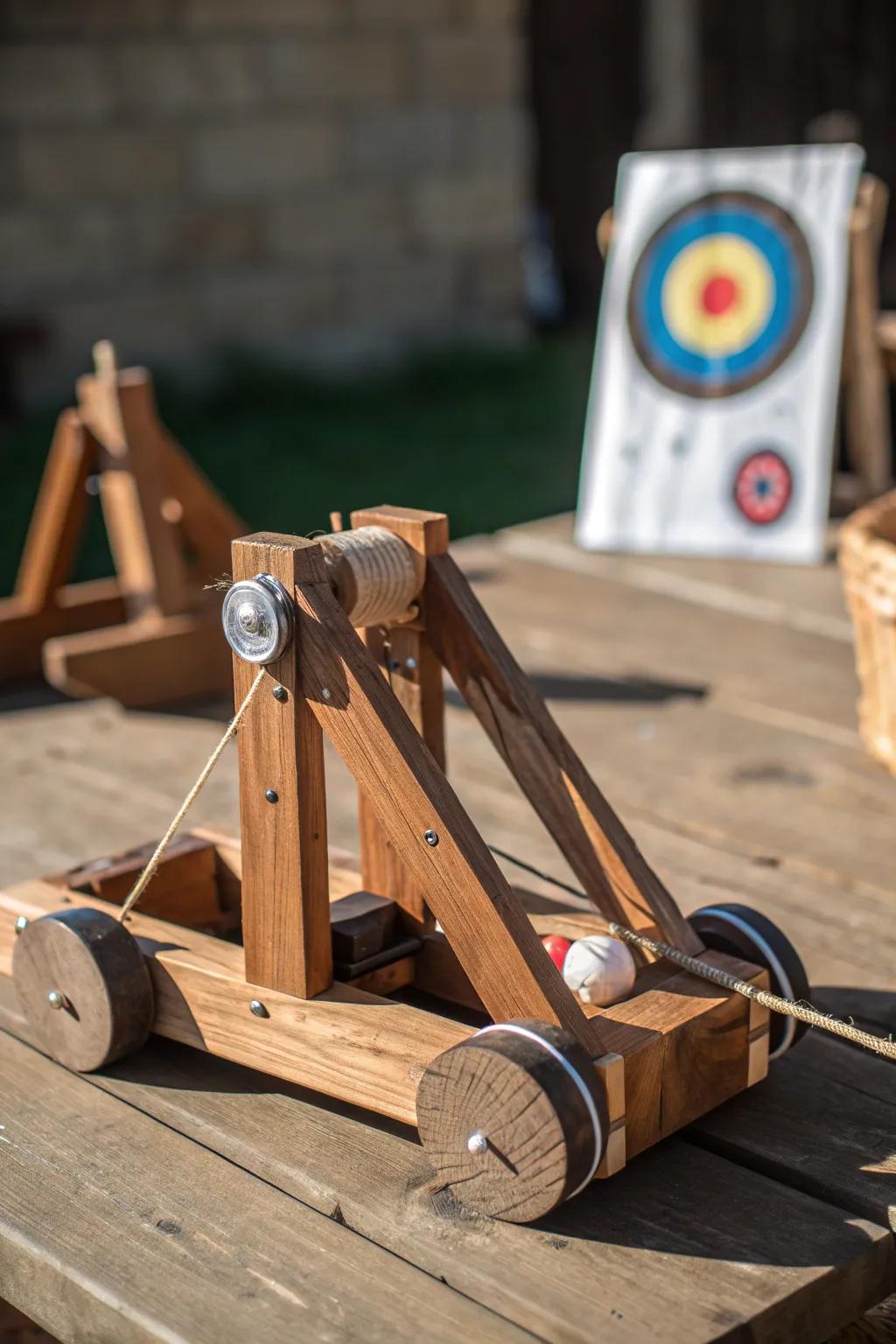 Perfect your aim with this artisanal marshmallow catapult setup—where craftsmanship meets playful competition.