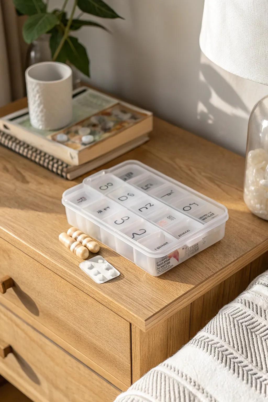 Keep a weekly pill sorter in plain sight—minimal, pretty, and impossible to forget.