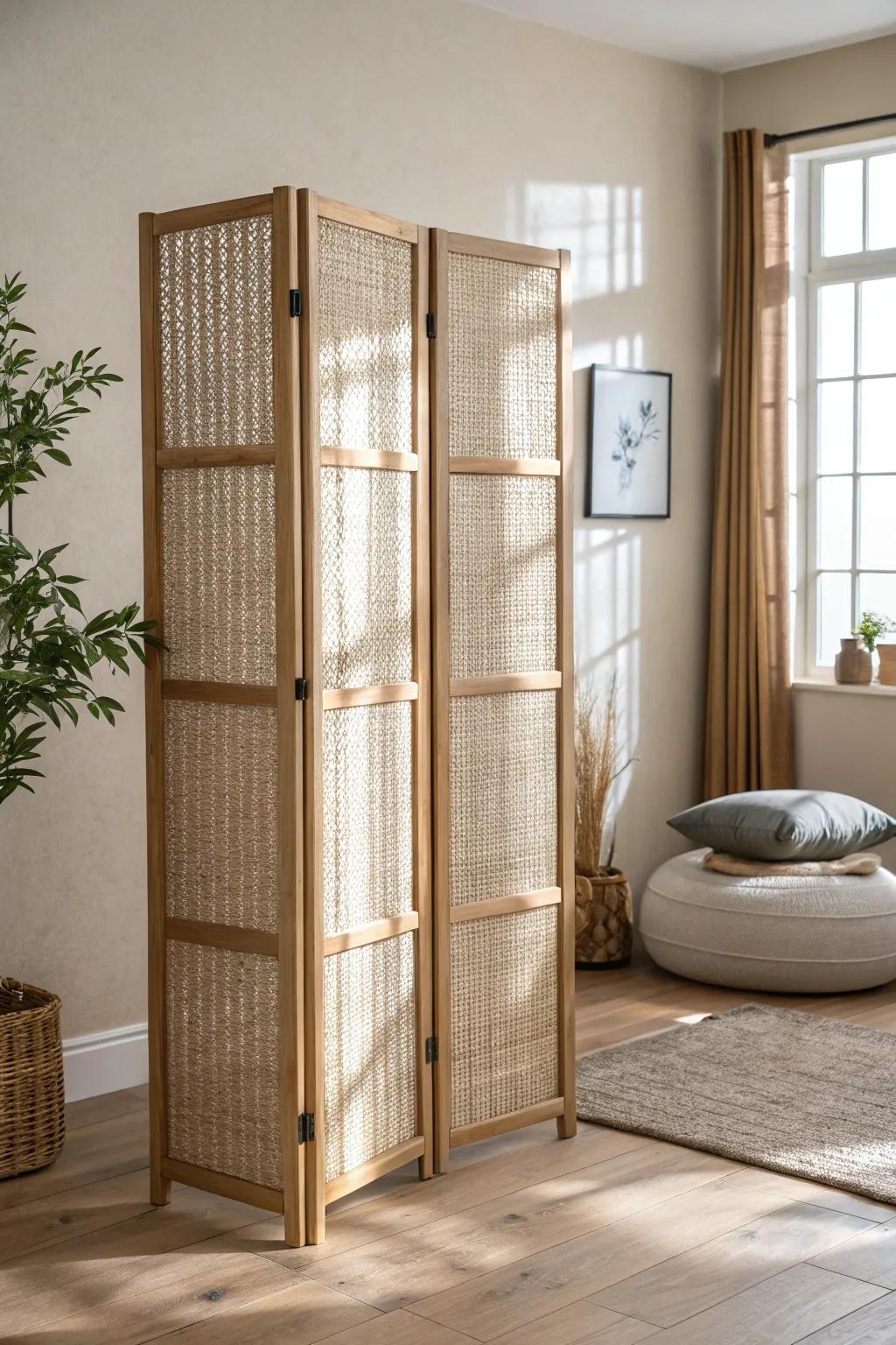 A simple folding screen creates instant privacy—perfect for a calm meditation nook in small spaces.