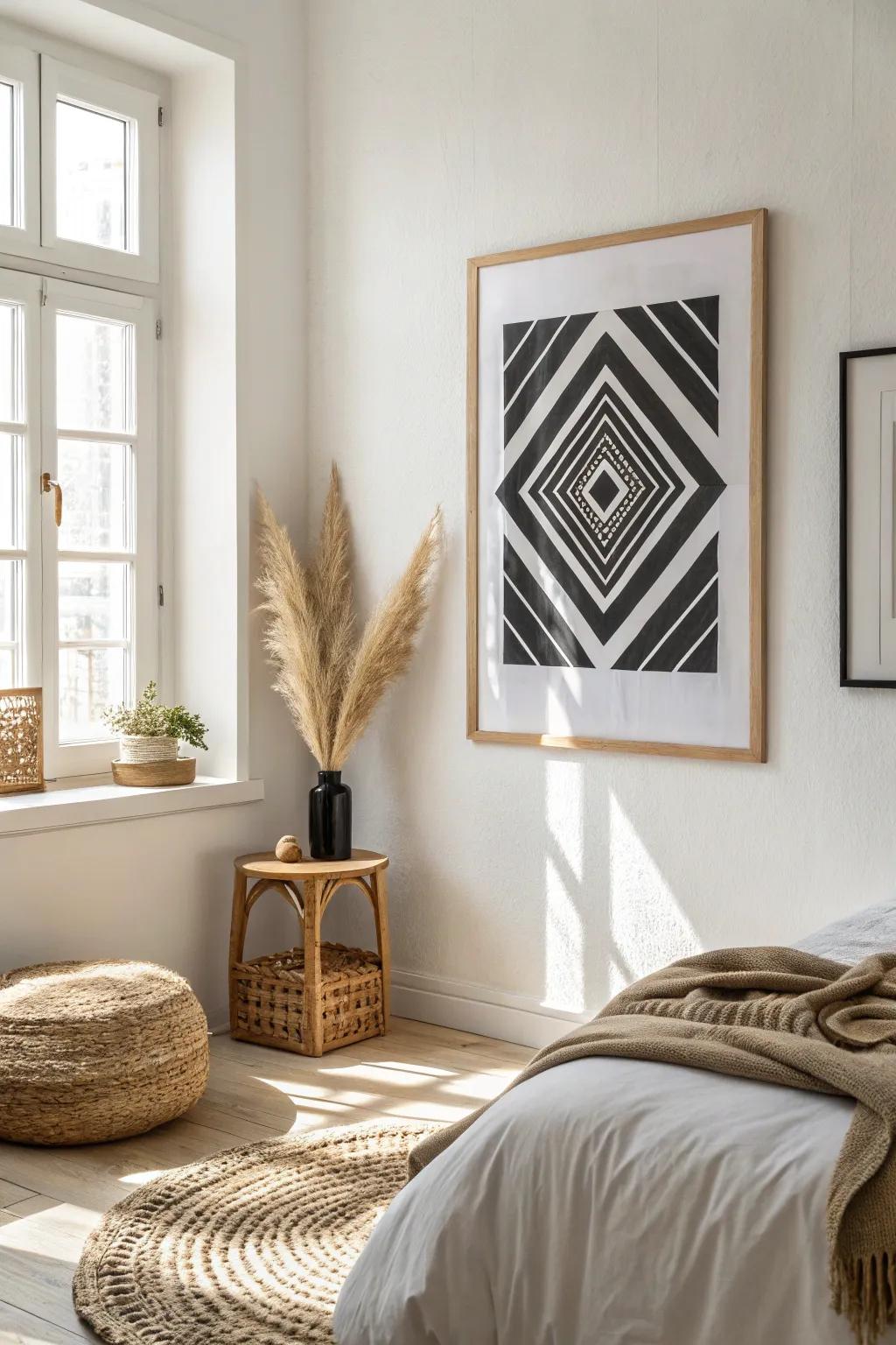 One oversized black-and-white print makes a small men’s bedroom feel bold, calm, and uncluttered.