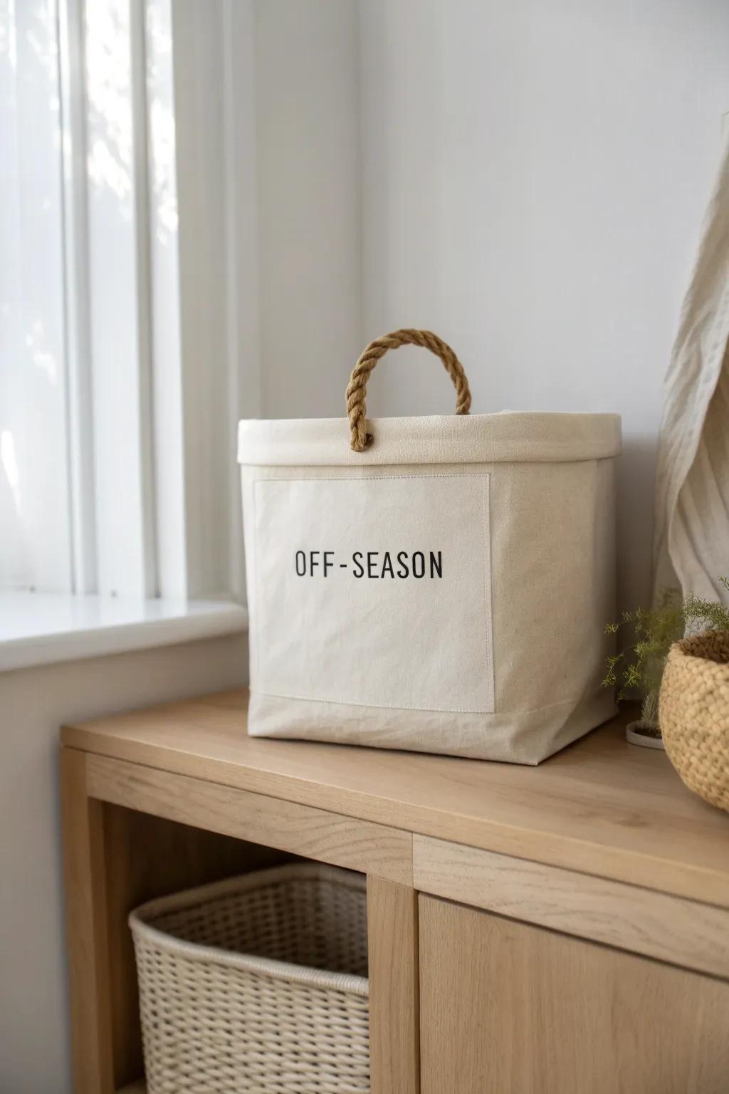 Labeled bins on the top shelf keep off-season pieces out of sight—and your closet airy.