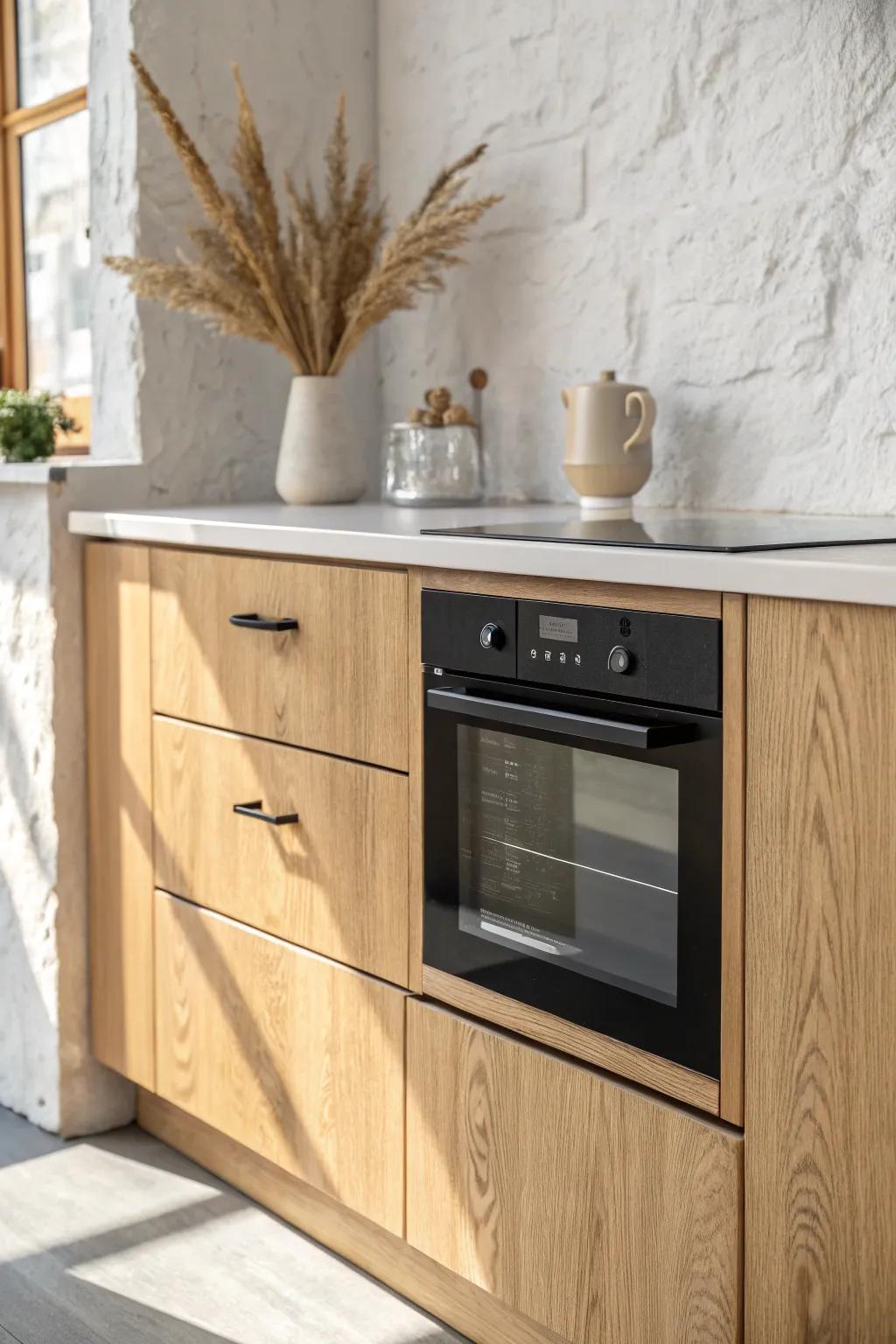 A sleek microwave tucked into the peninsula end panel—space-saving, polished, and clutter-free.