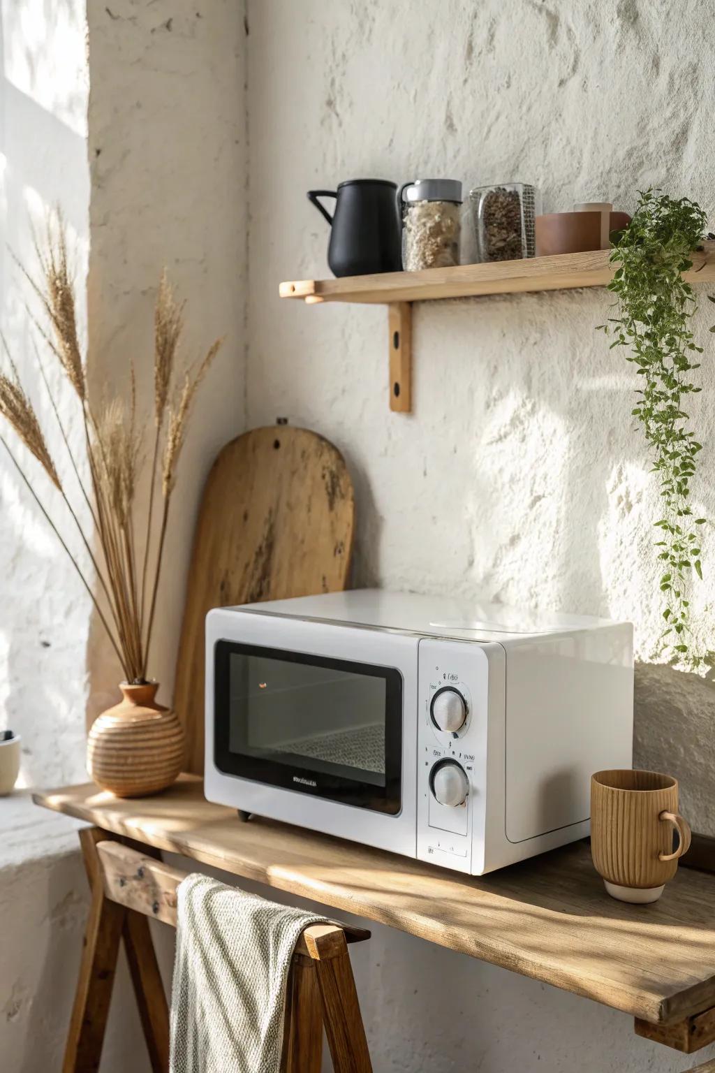 A calm coffee bar nook: one microwave keeps your heat-and-go mornings tidy in small spaces.