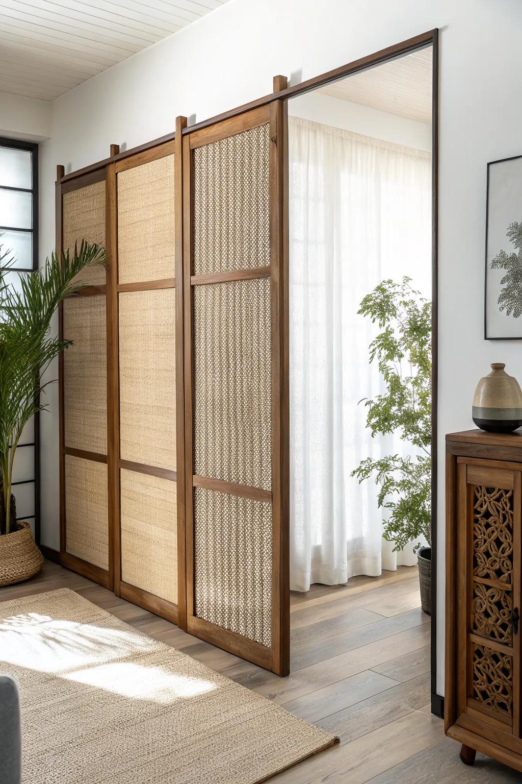 Walnut-and-cane sliding divider: mid-century privacy with airy Scandinavian calm.
