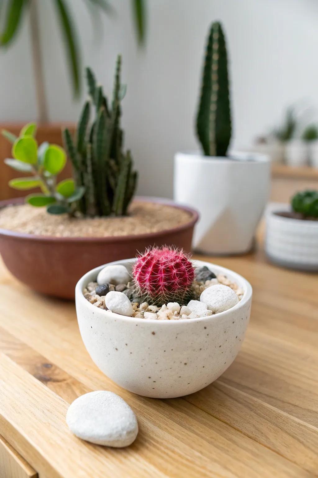 A tiny cactus garden with a bold color pop—perfect for brightening neutral small spaces.