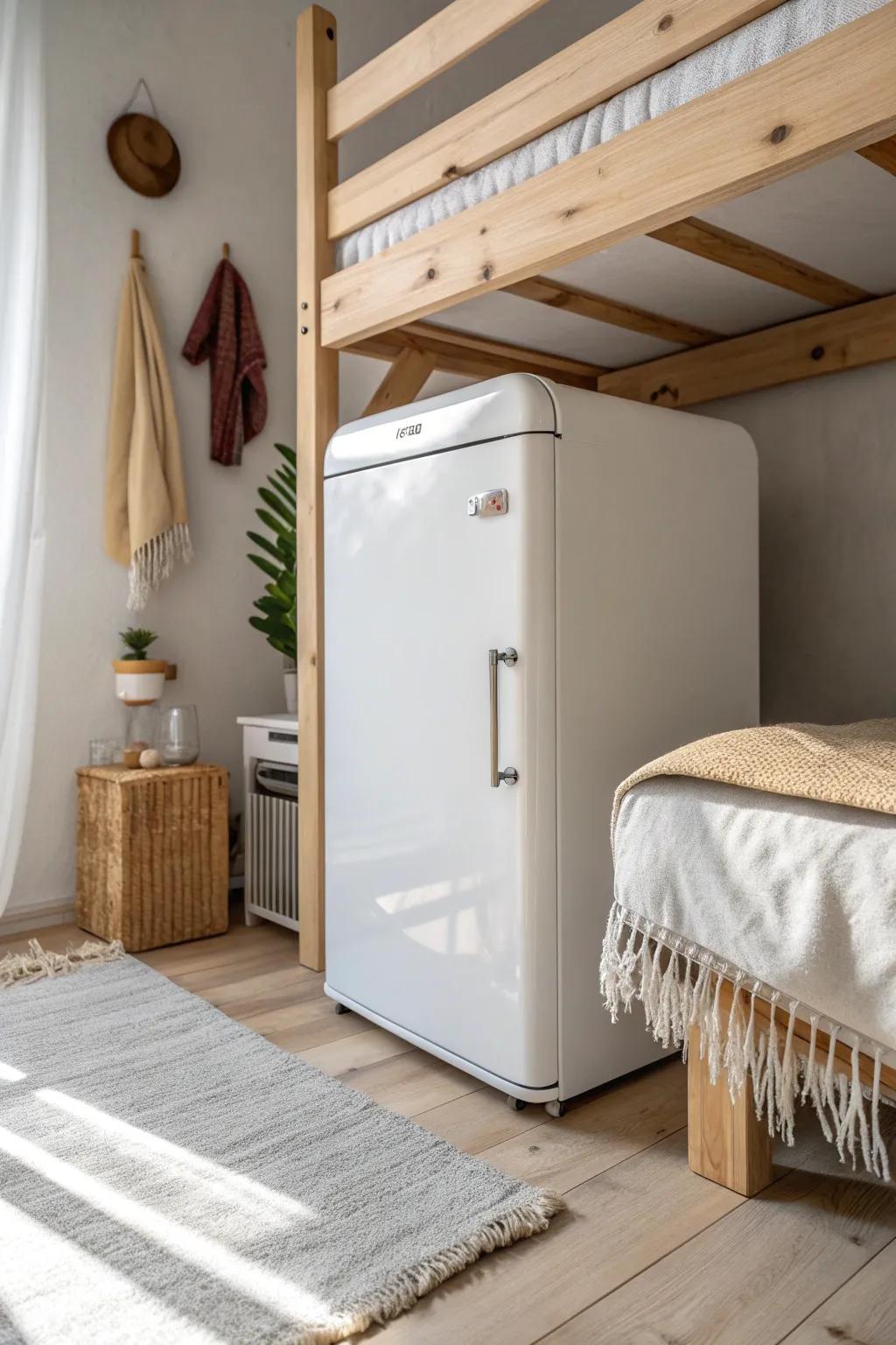 A mini fridge fits perfectly under a loft bed—easy access, zero wasted floor space.