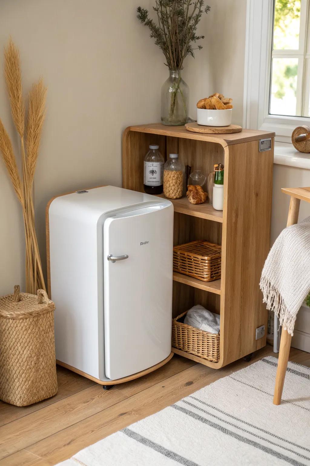 Corner-fit mini fridge stand that makes the fridge look built-in—plus an angled snack shelf.