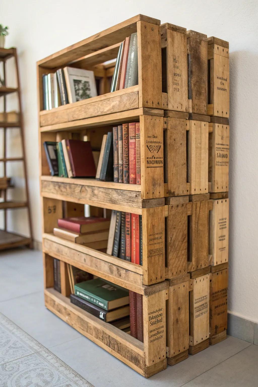 Elevate your space with this handcrafted upcycled bookshelf from mini pallets, perfect for showcasing your favorite reads.