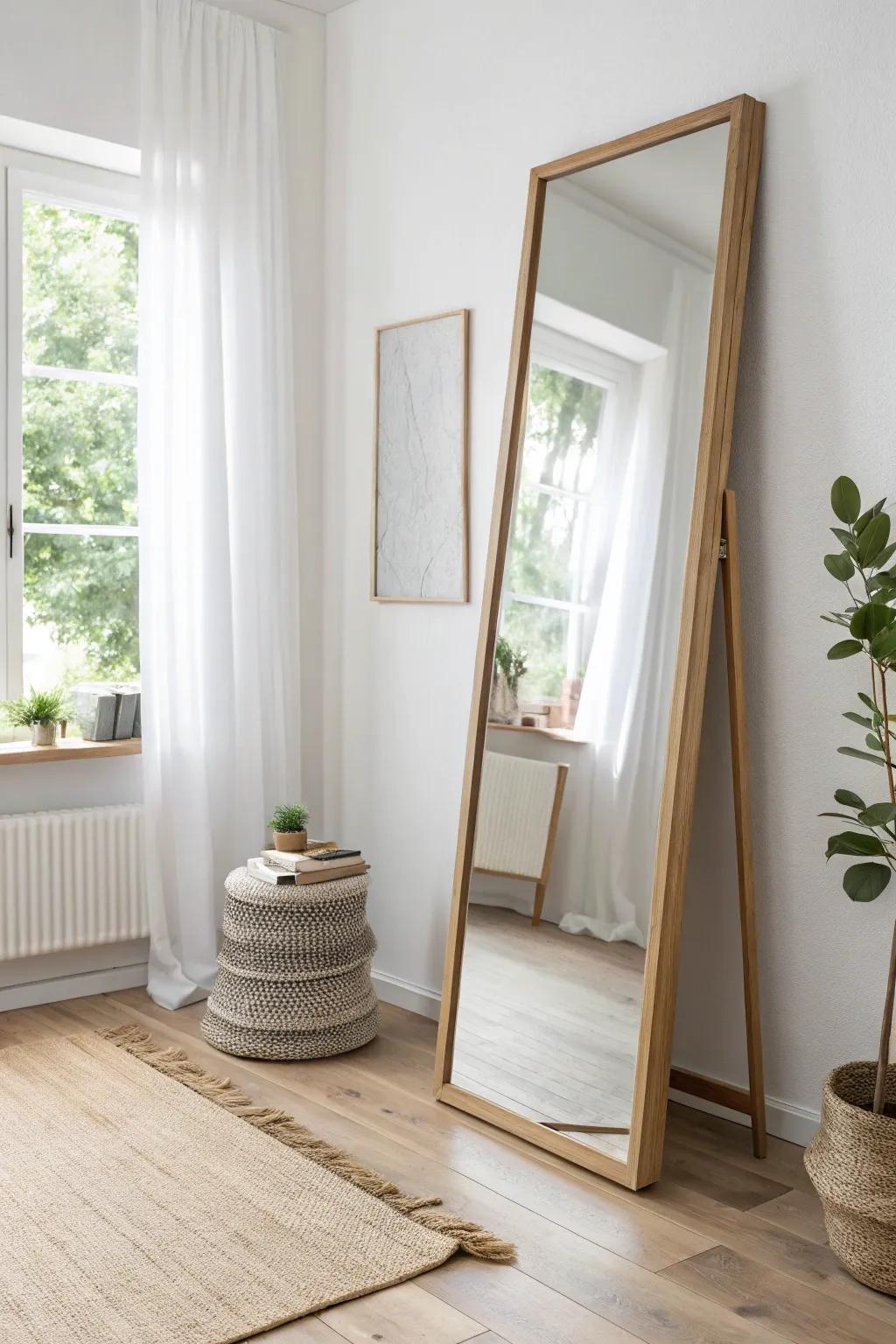 A leaning mirror placed in daylight instantly makes a small minimalist room feel twice as airy.