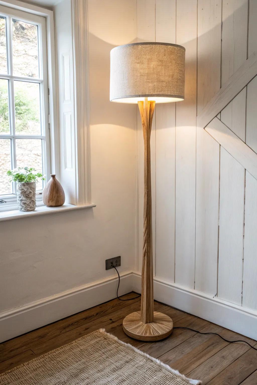 Warm, minimal lighting: a slim floor lamp turns harsh overhead glare into instant calm.